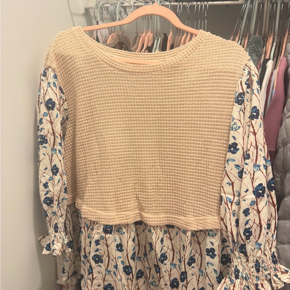 Cream Knit Bodice Floral Sleeve Dress - Blue Flower Print